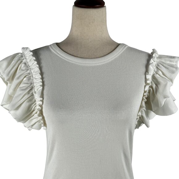 LIKE NEW! EXPRESS Ruffle Sleeve Ribbed Short Sleeve T-Shirt in Cream Siz… - Picture 4 of 8